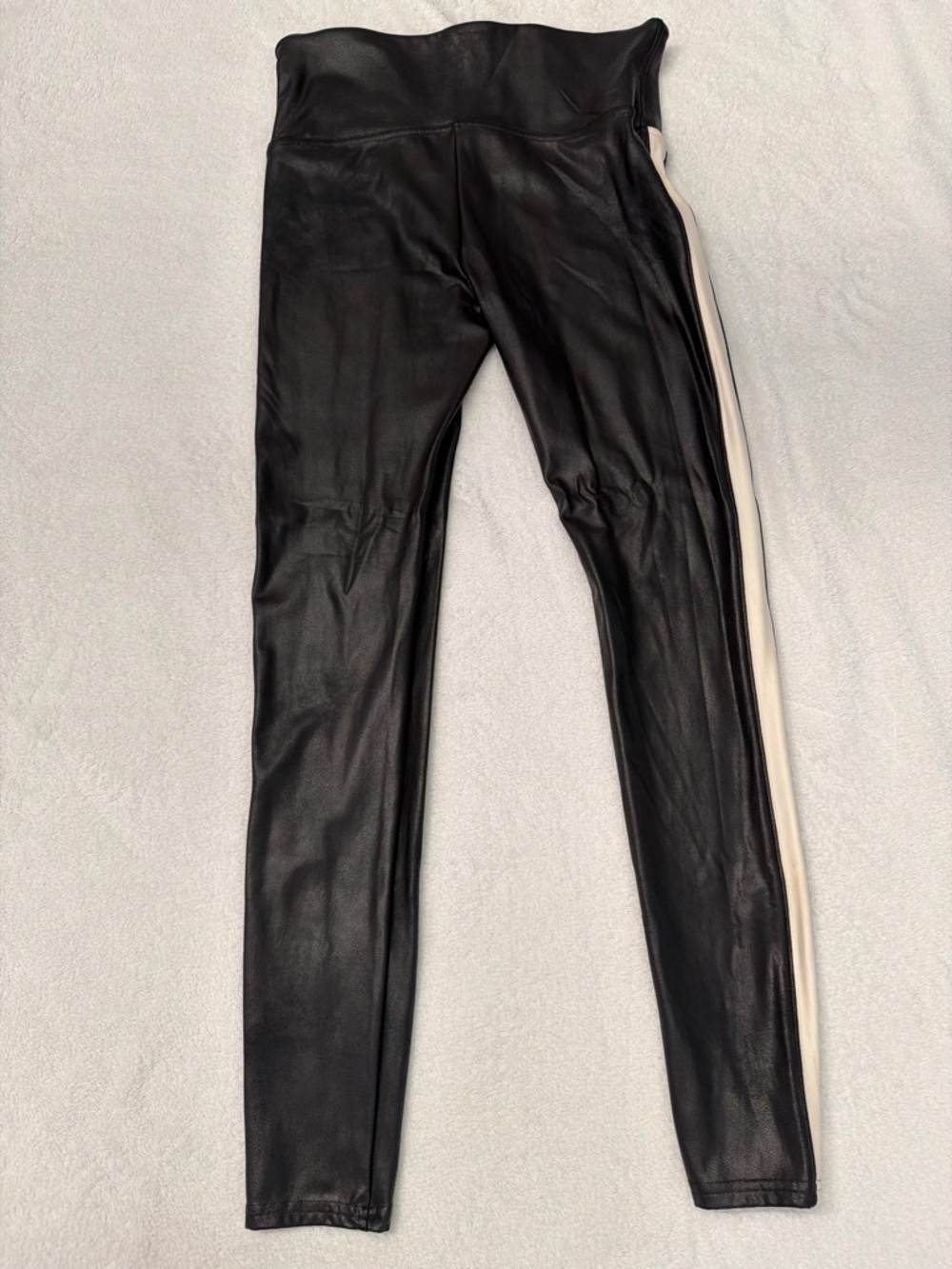 SPANX Black Faux Leather Leggings with Cream Side Stripe